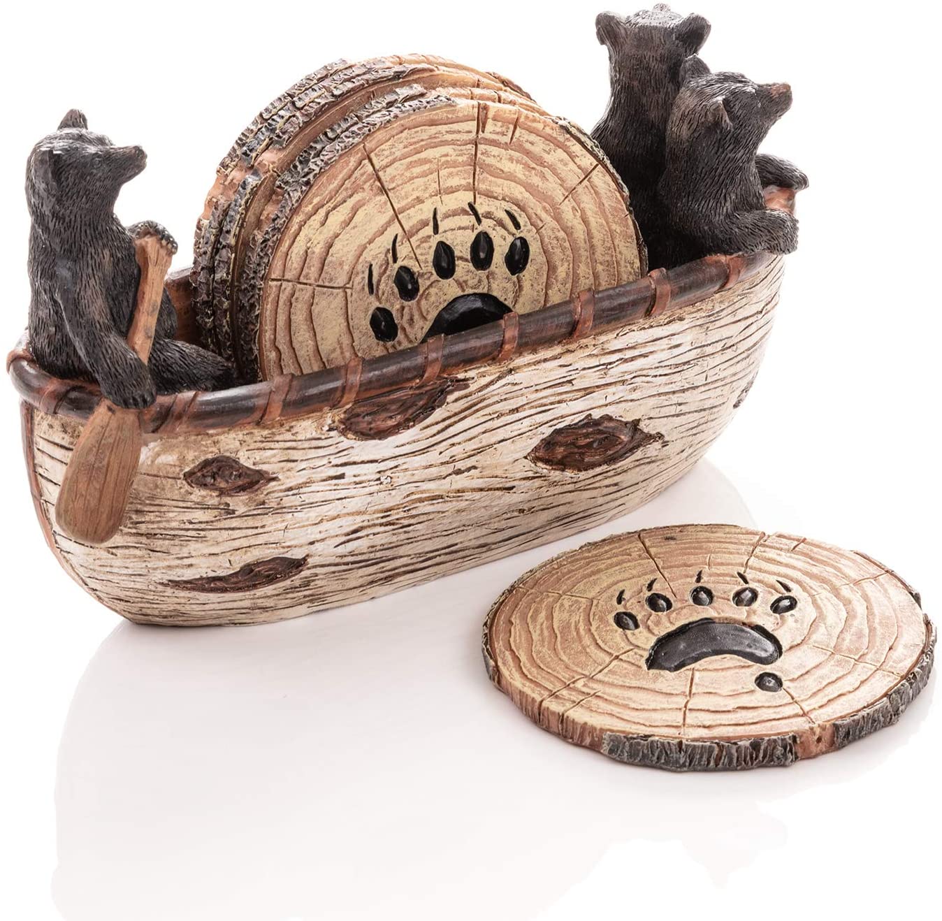Coasters Set – 6 Full Size Rustic Coasters in Handmade Canoe with Adorable Black Bear Figurines | Log Cabin Decor, Black Bear Decor